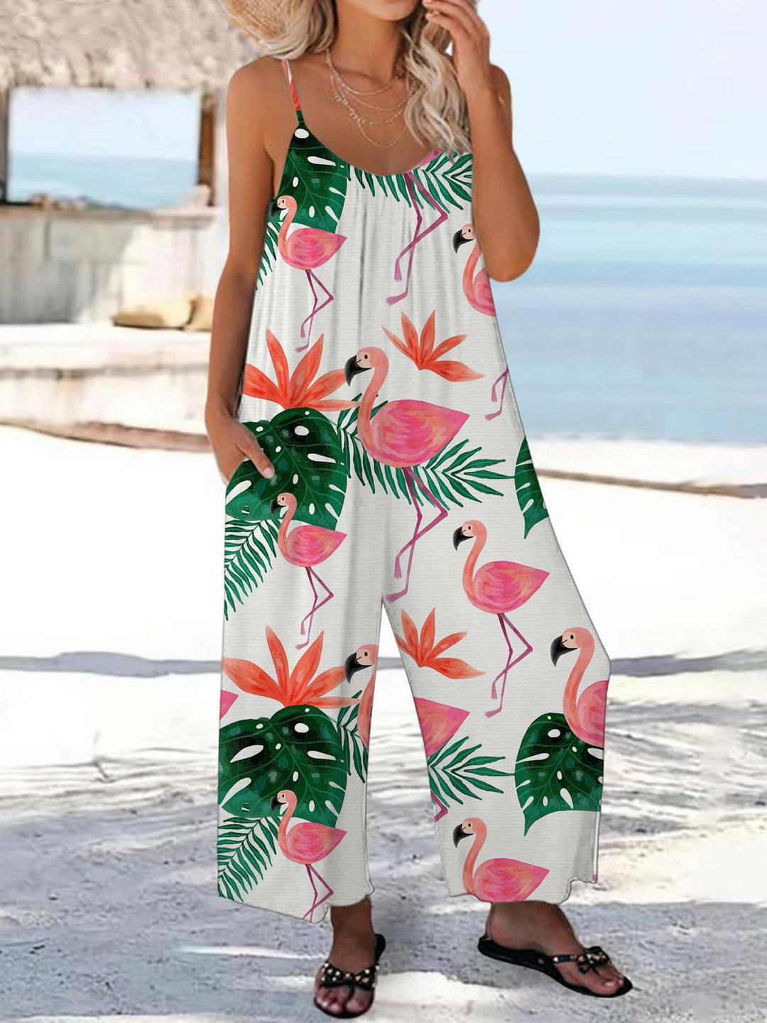 Tropical Flamingo Print Camisole Jumpsuit
