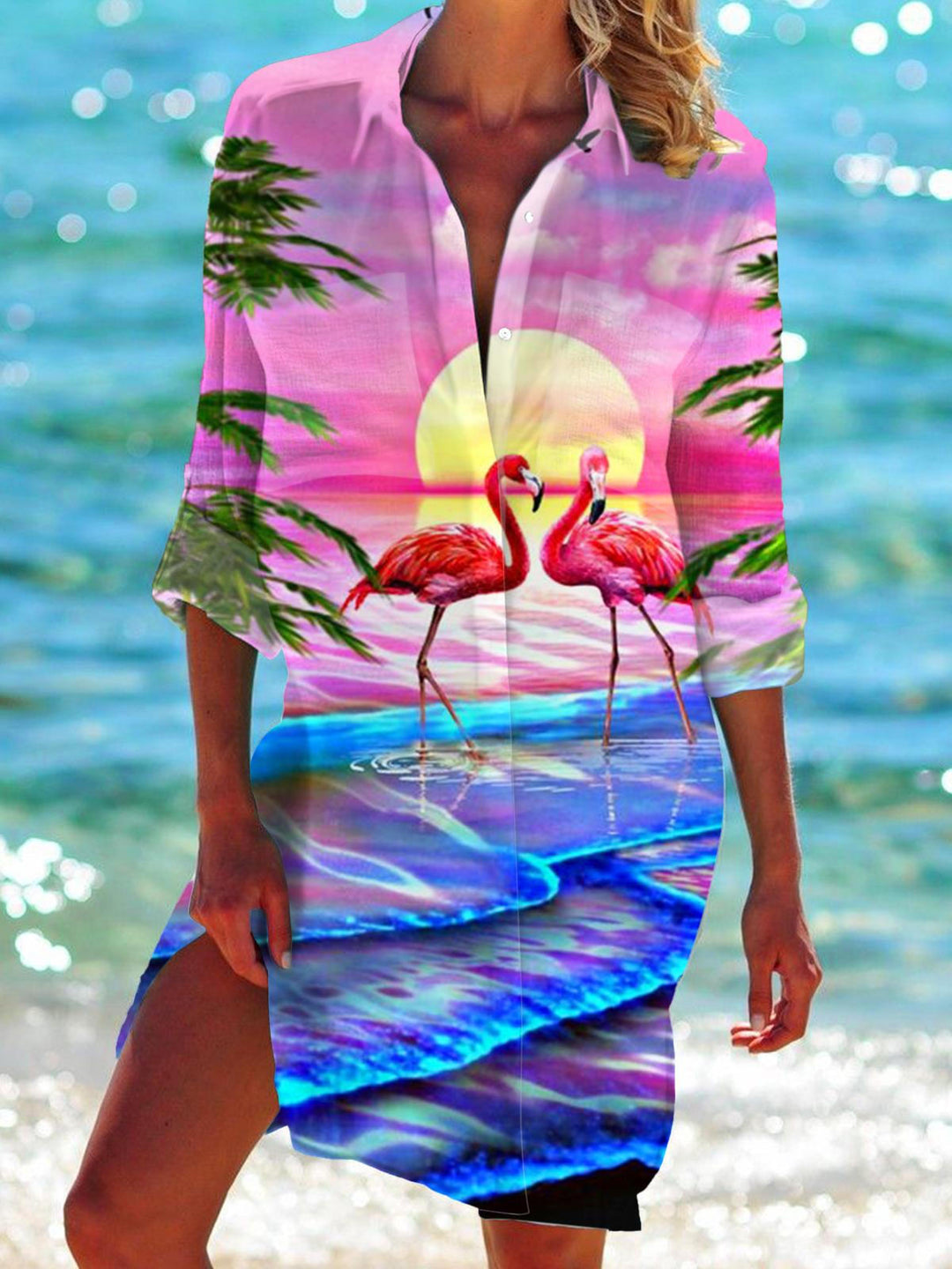 Flamingo Beach Long Sleeve Beach Shirt Dress