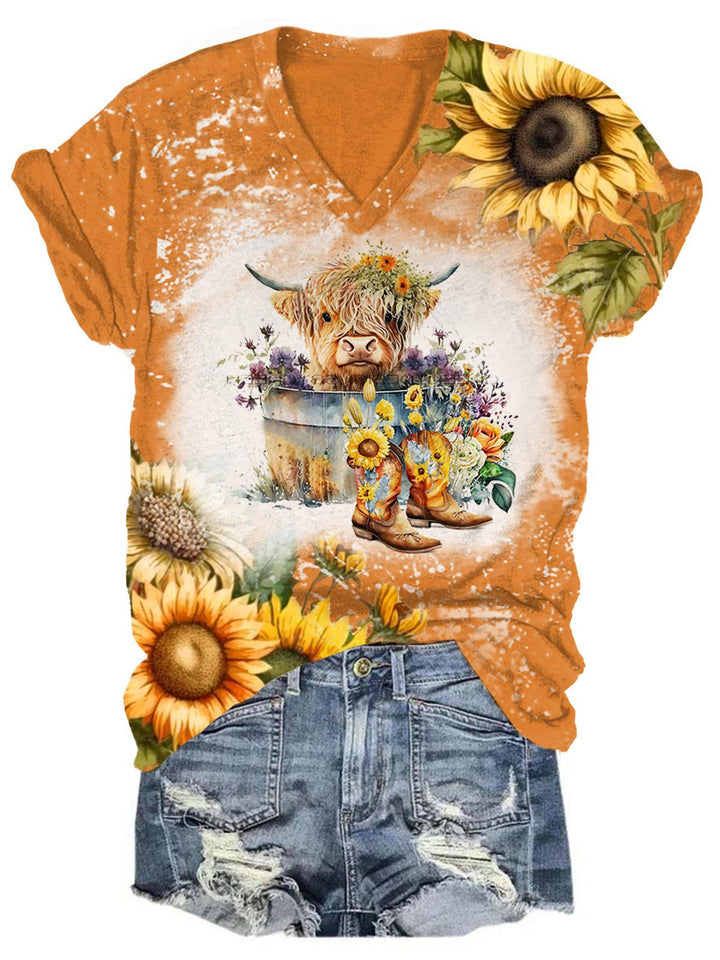 Sunflower Highland Cow Print Tie Dye V Neck T-Shirt