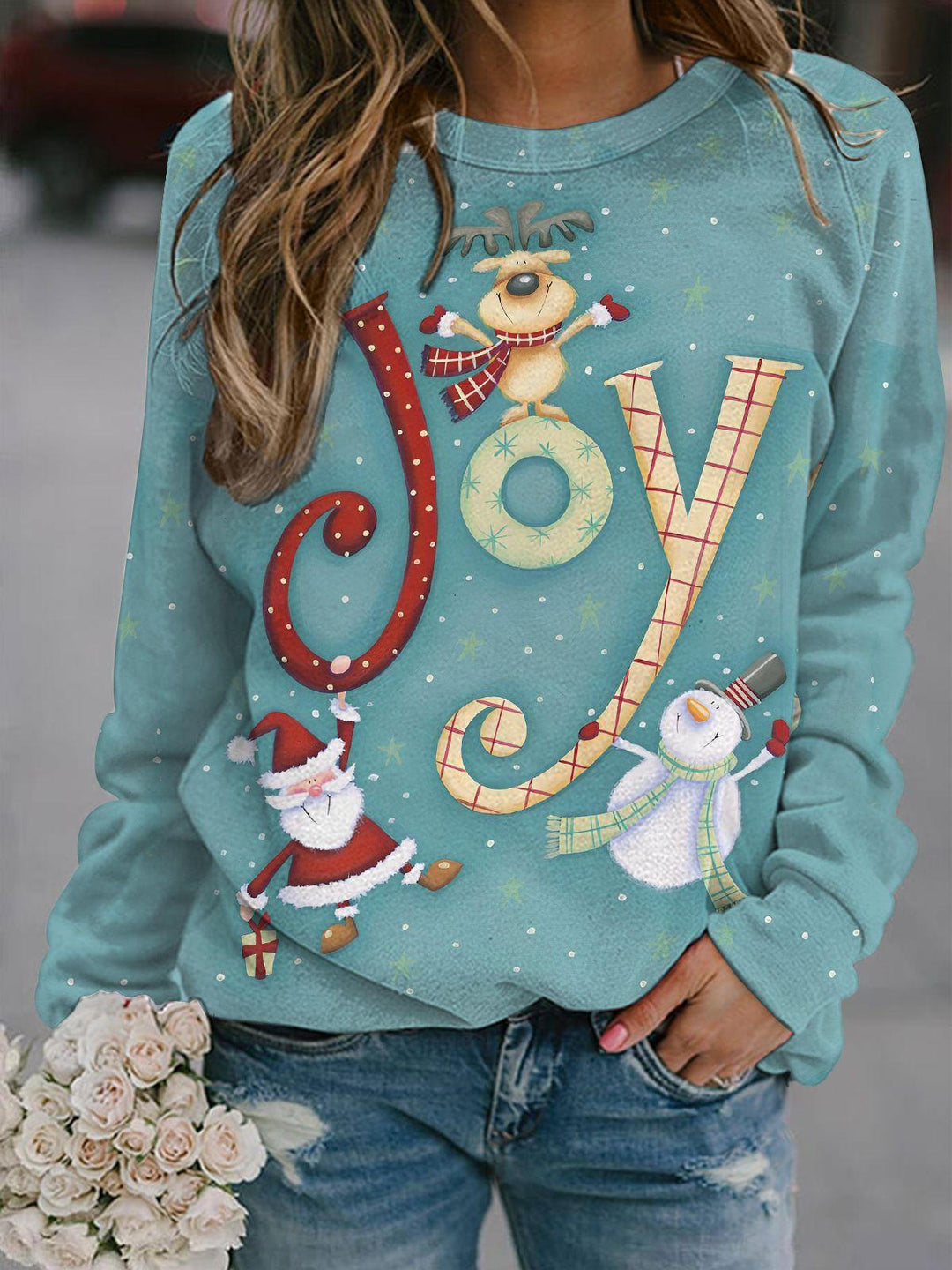 Snowman Santa Deer Print Long Sleeve Casual Top