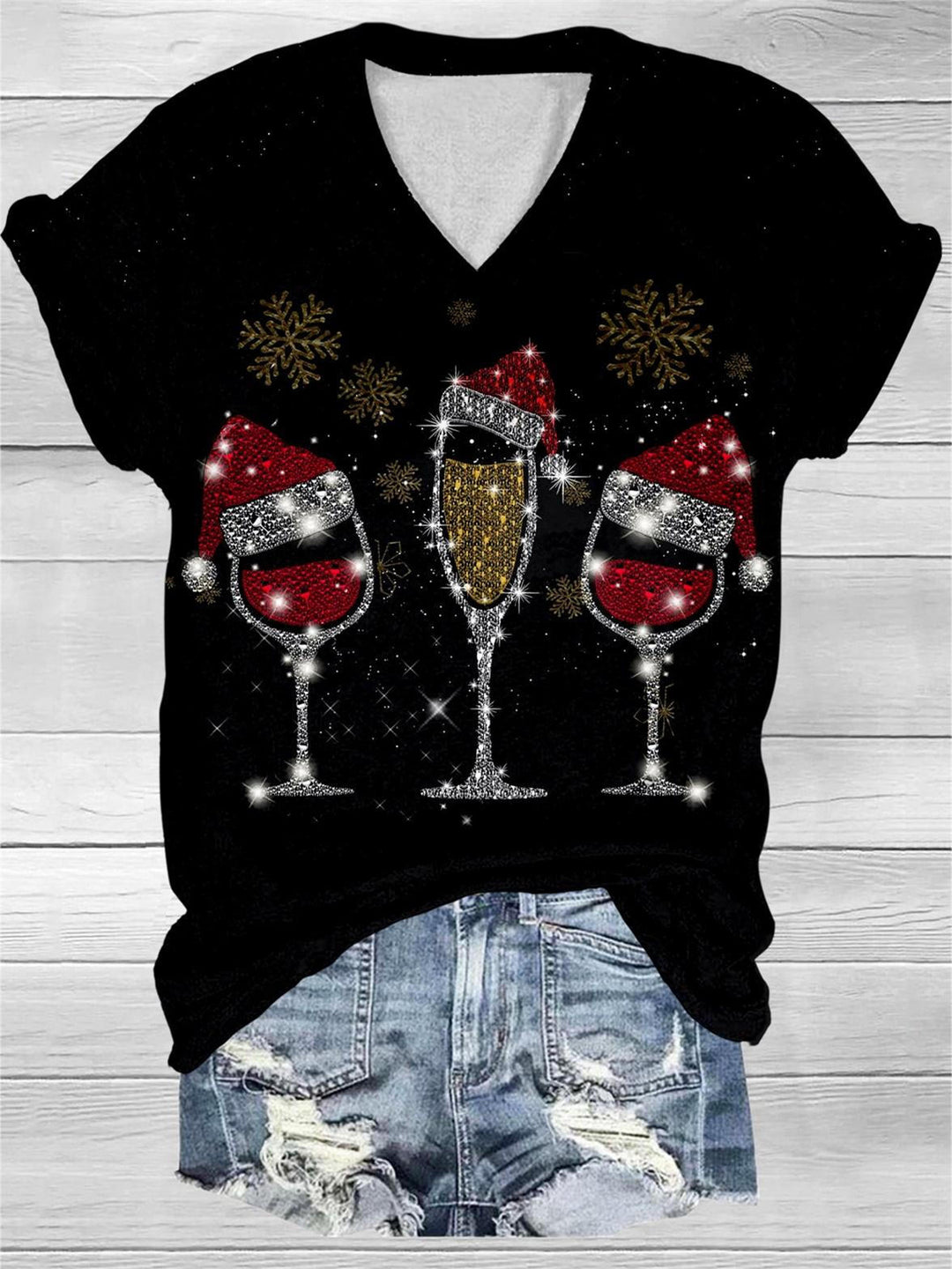 Christmas Glitter Wine Glass Print V-Neck T-Shirt