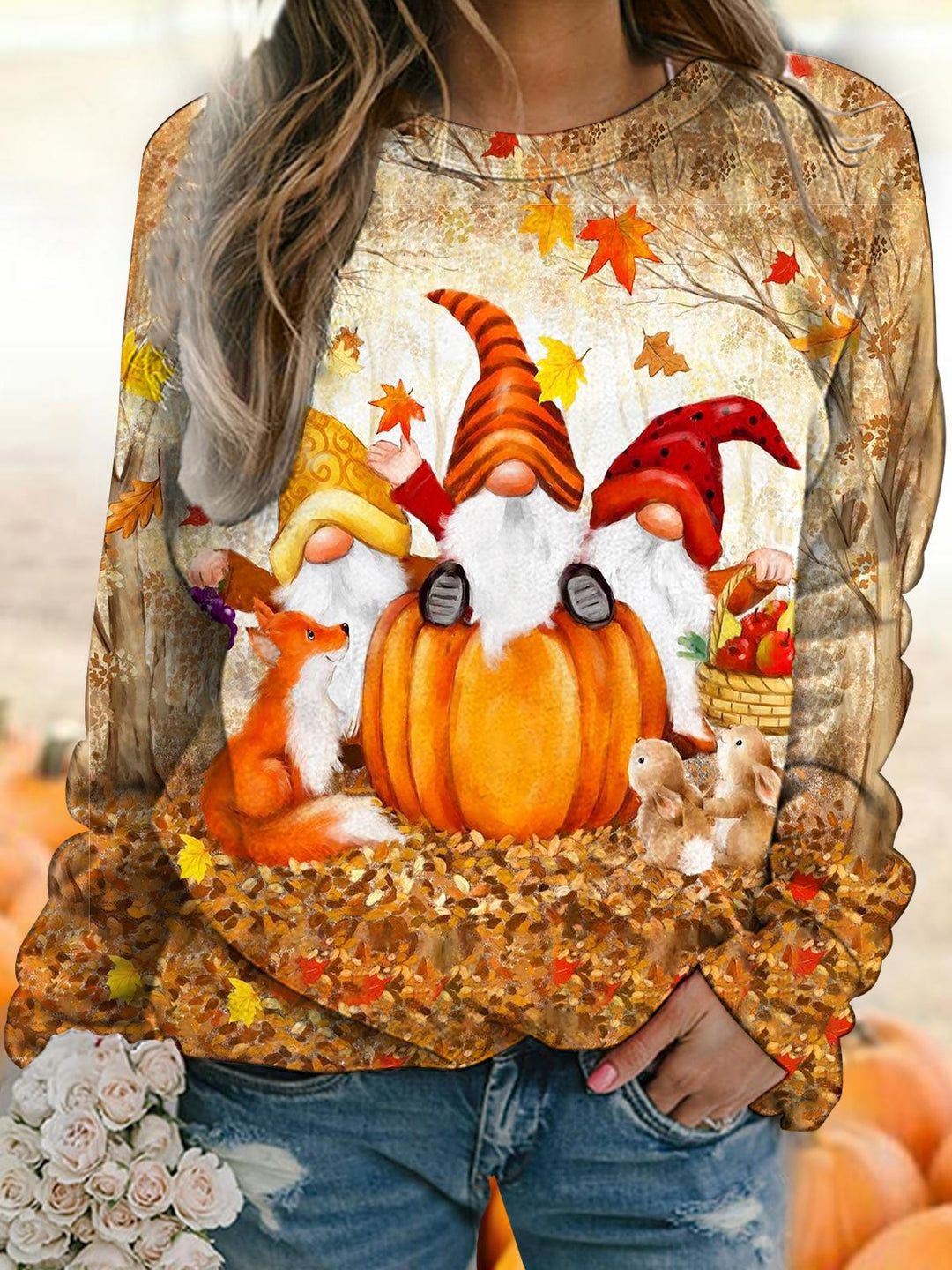 Autumn Pumpkin Gnomes Print Long Sleeve Top