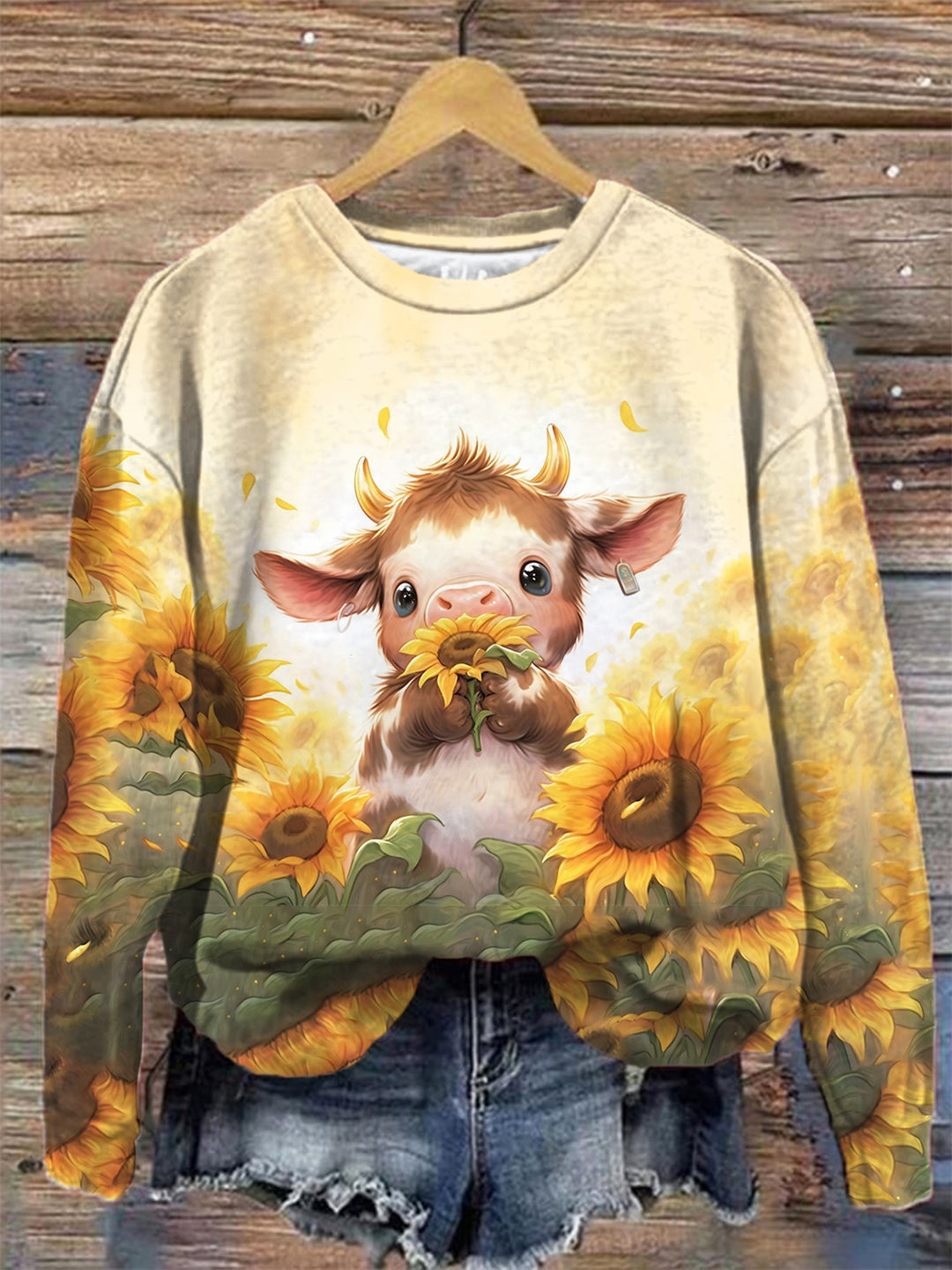 Baby Cow with Sunflowers Print Round Neck Long Sleeve Top