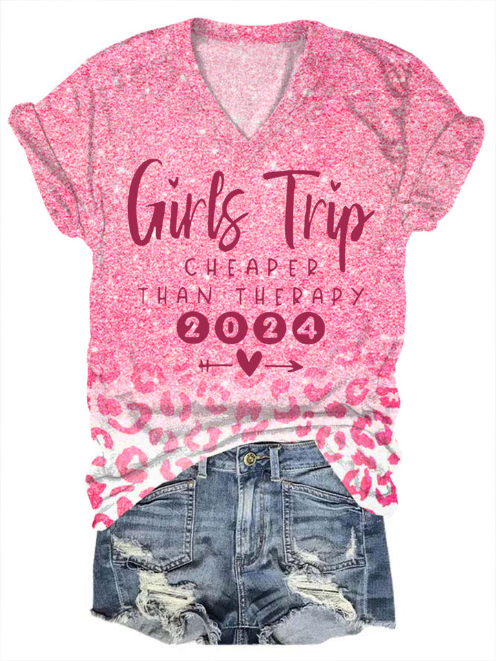 Girls Trip Cheaper Than Therapy 2024 Leopard Glitter Print V-Neck Top