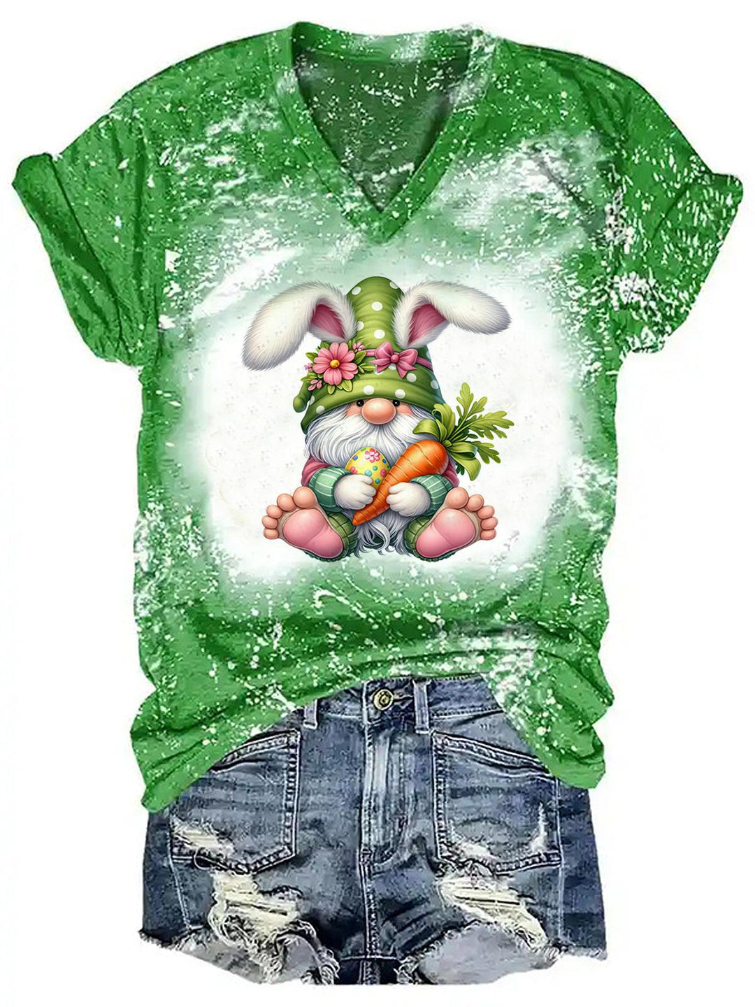 Easter Gnome Print V-Neck Short Sleeve T-Shirt