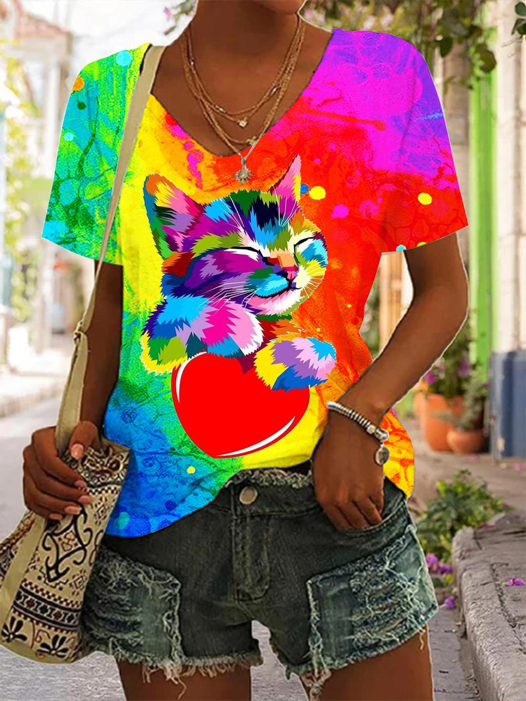 Colorful Heart Cat Print V-Neck T-Shirt