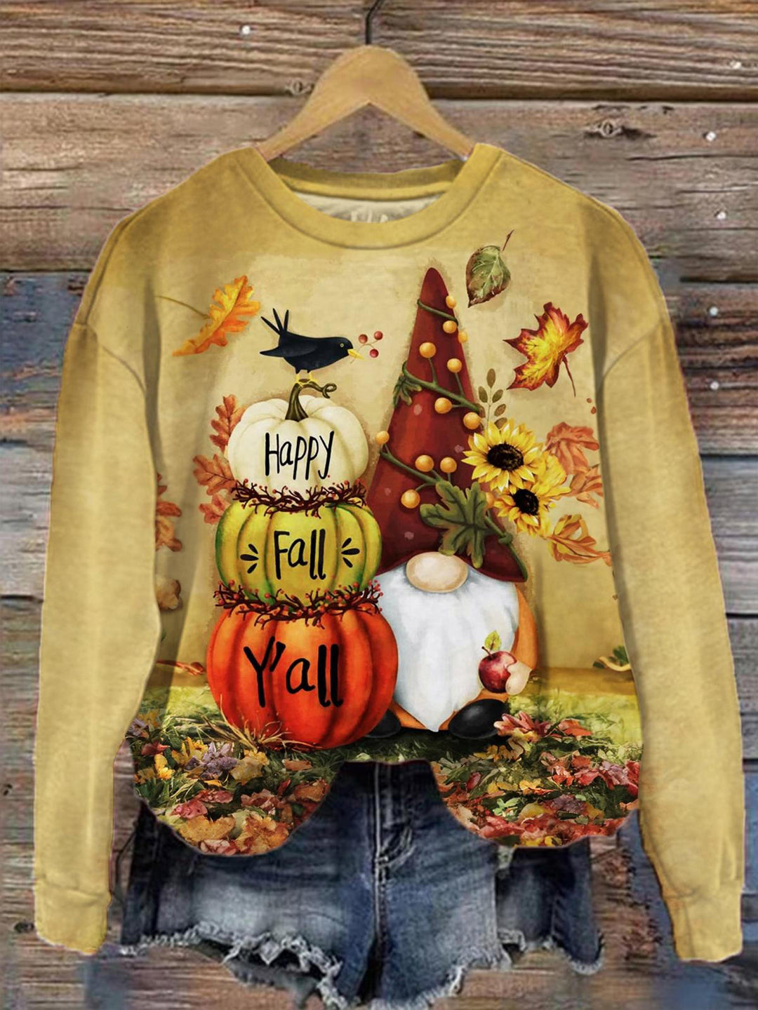 Women's Fall Gnome Print Round Neck Long Sleeve Top