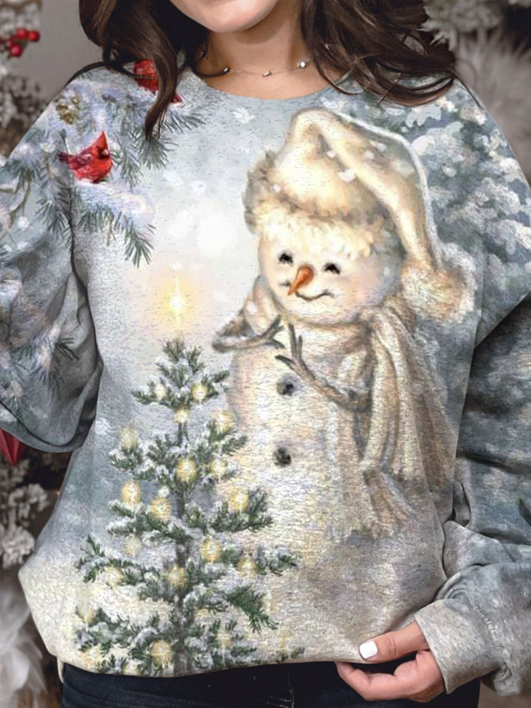 Women's Snowman Christmas Print Round Neck Long Sleeve Top