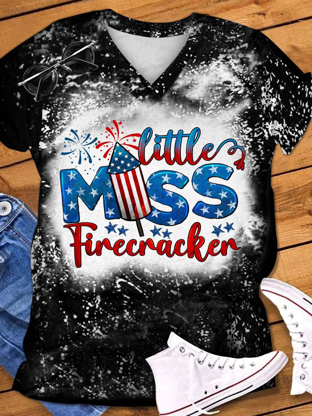 Little Miss Firecracker Print V-Neck T-Shirt