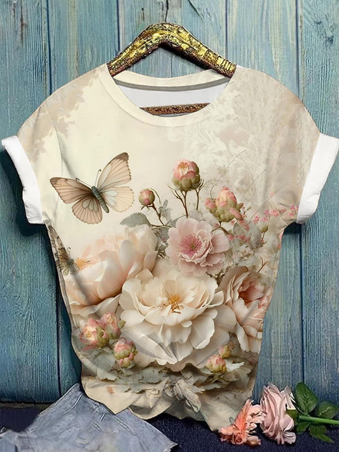 Vintage Butterfly Flower Print Crew Neck T-shirt