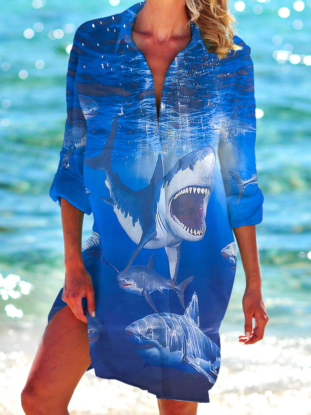 Shark Print Long Sleeve Beach Shirt Dress