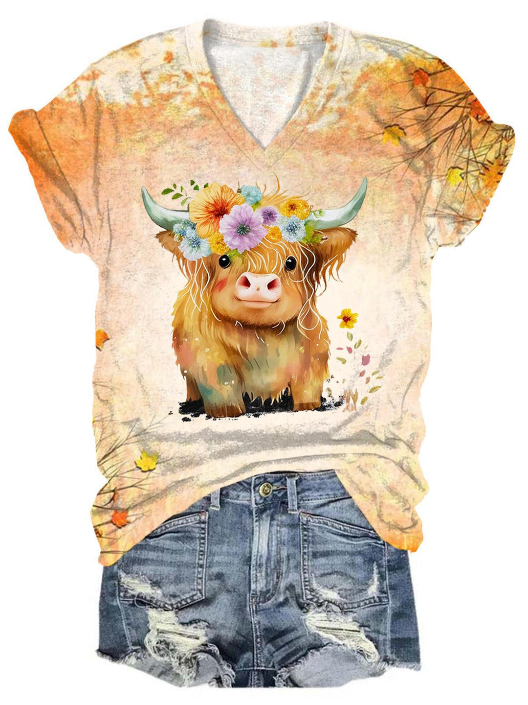 Women's Floral Highland Cow Print Short Sleeve Top