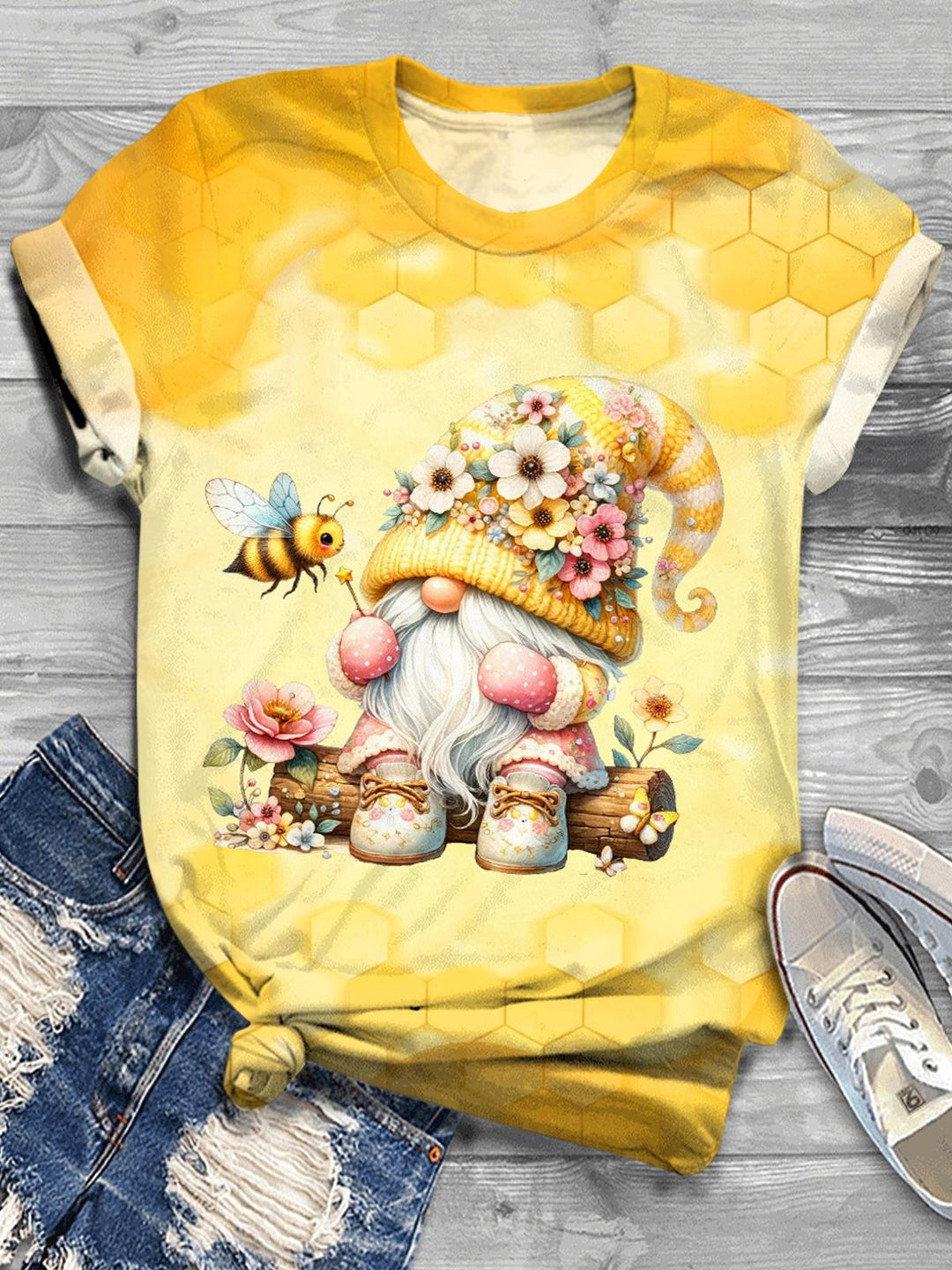 Cute Bee Gnome Crew Neck T-shirt