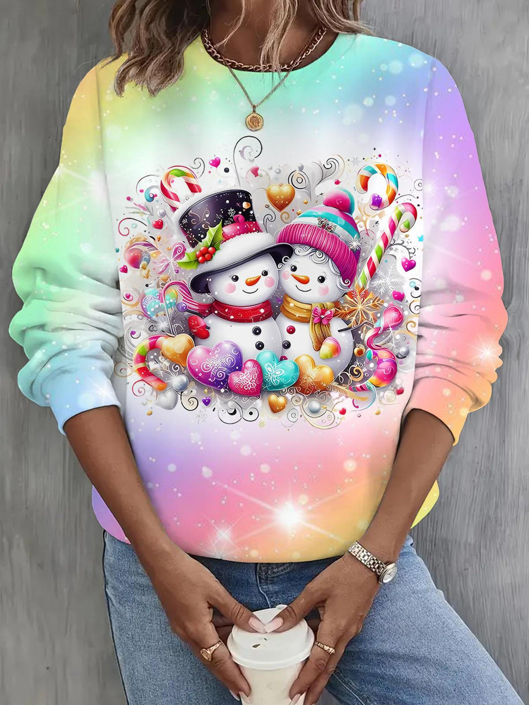 Colorful Love Snowman Print Long Sleeve Casual Top