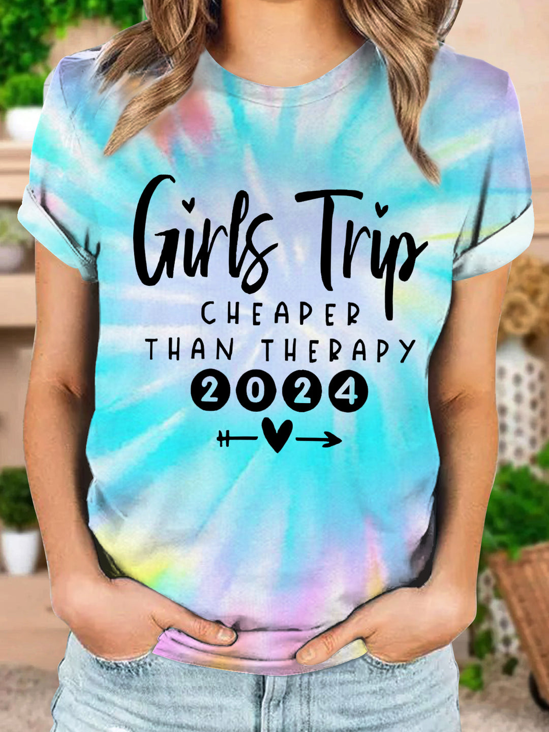 Girls Trip 2024 Cheaper Than Therapy Printed Crew Neck T-shirt