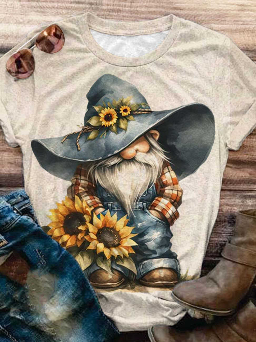 Sunflower Gnome Print Crew Neck T-Shirt