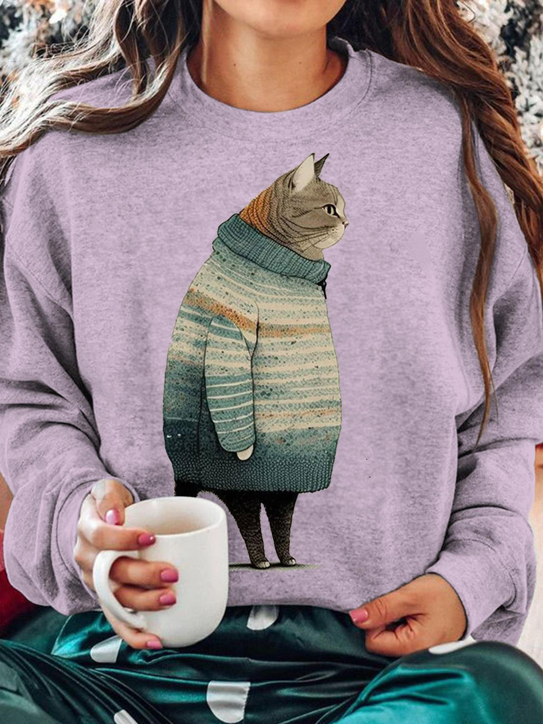 Women's Winter Cat Print Long Sleeve Top