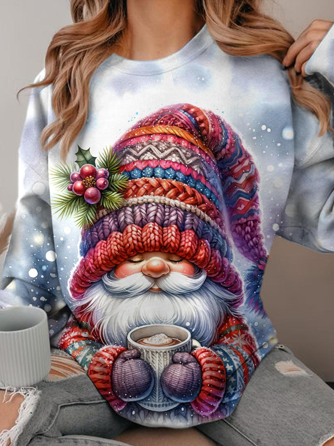 Women's Winter Gnome Print Round Neck Long Sleeve Top