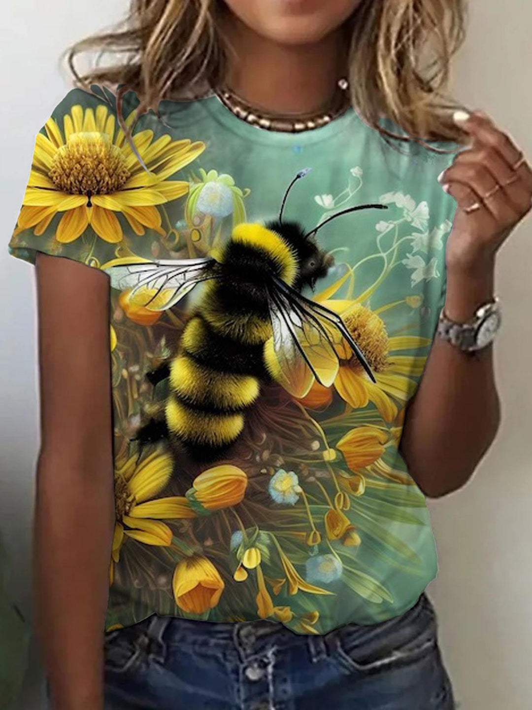 Sunflower Bee Print Casual T-shirt