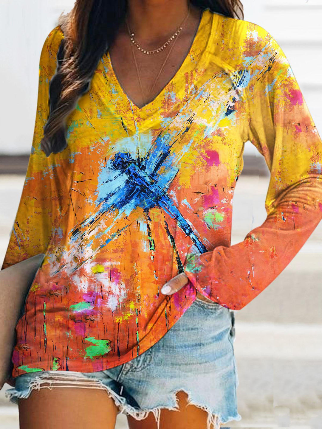 Dragonfly Tie Dye Print V Neck Long-Sleeved Top