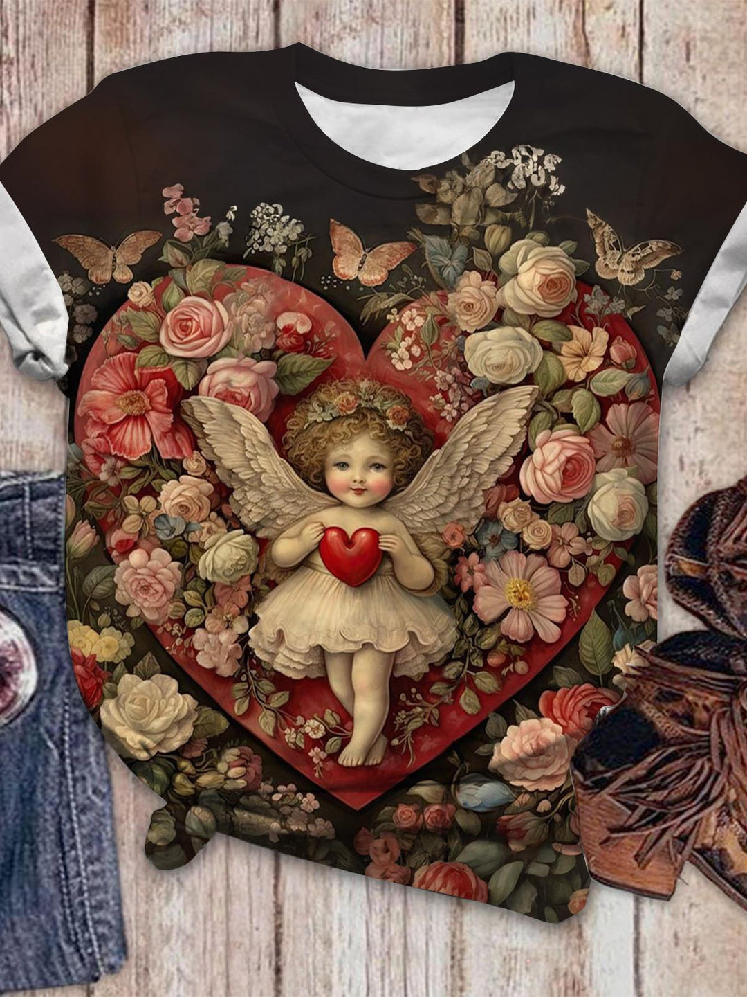 Vintage Heart Angel Crew Neck T-shirt