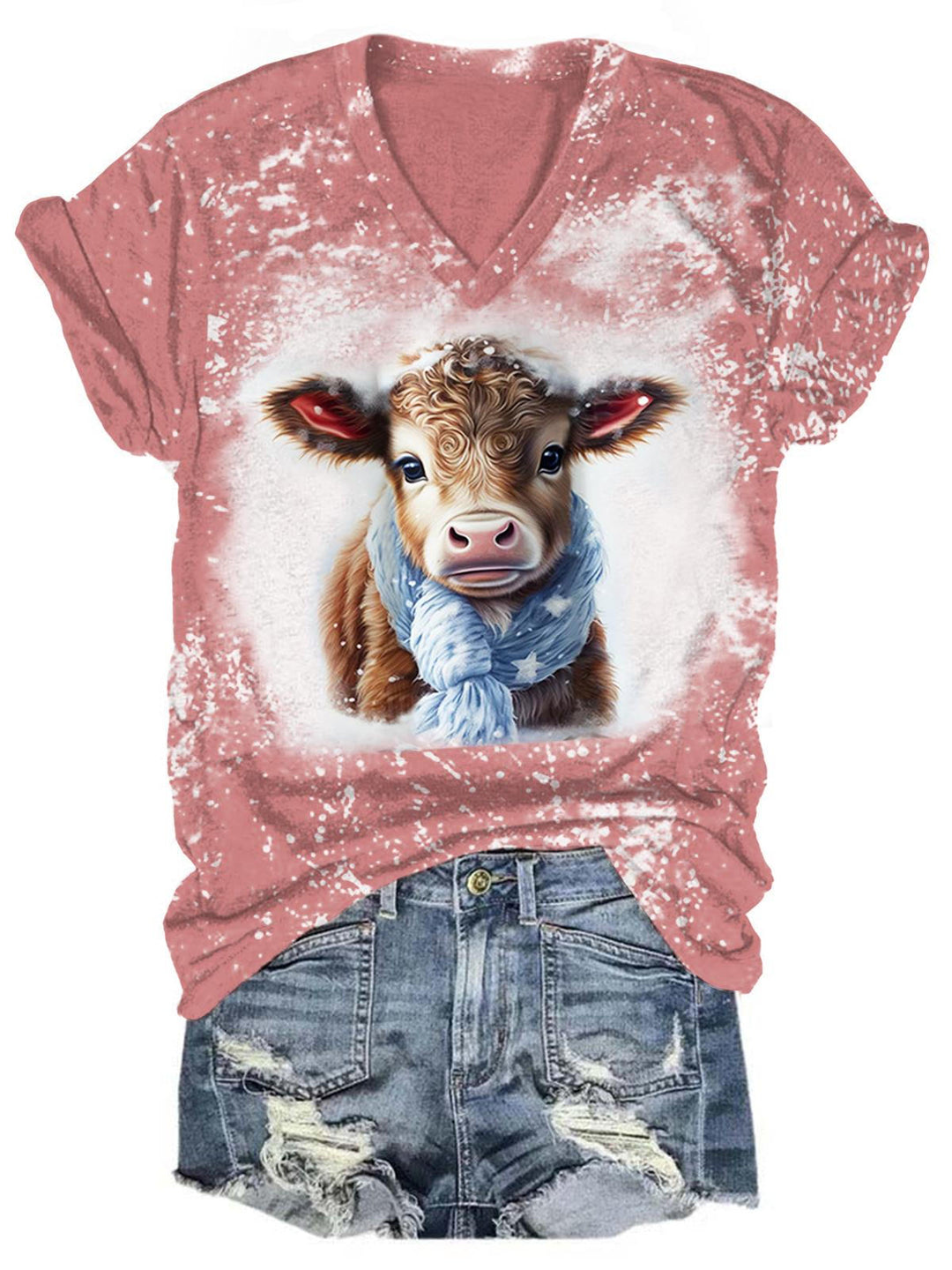 Women's Winter Cow Tie Dye Print Short Sleeve Top