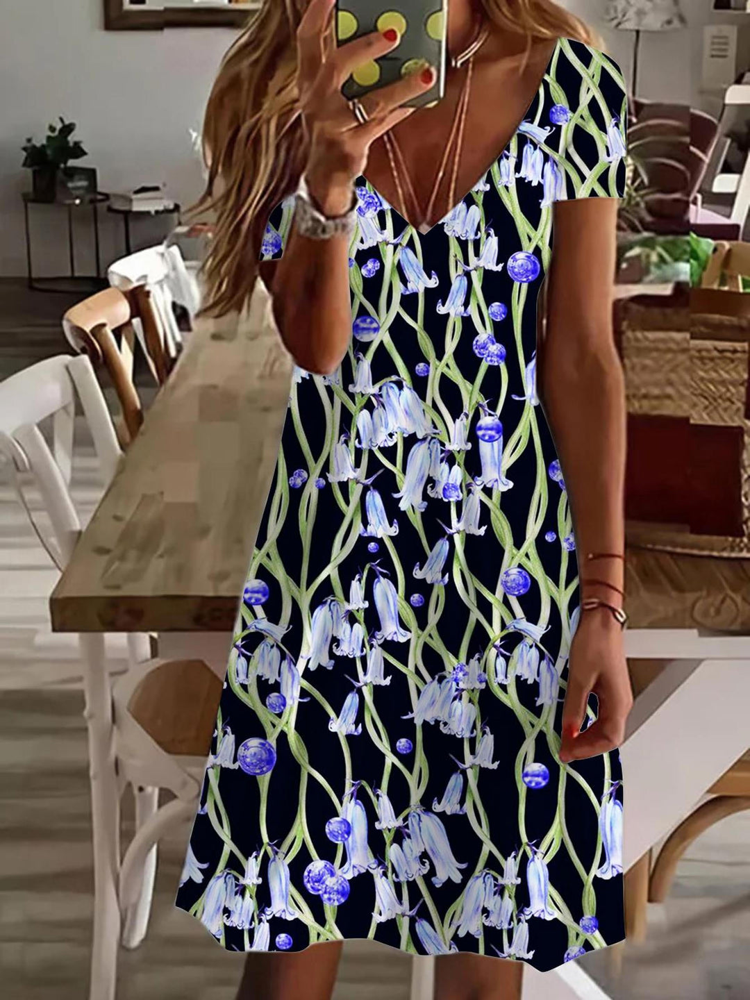 Hyacinth Flower Print V Neck Short Sleeve Dress