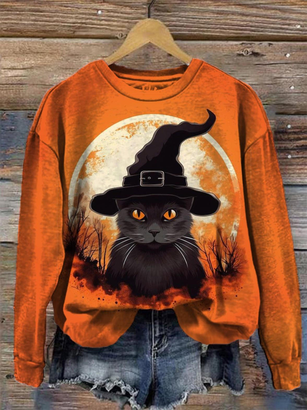 Witch Hat Black Cat Round Neck Long Sleeve Top