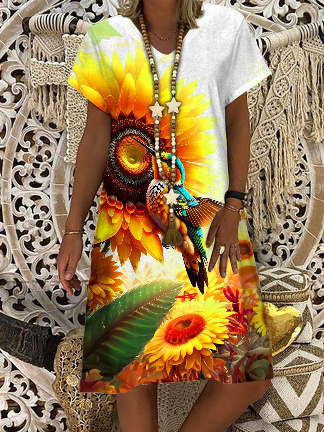 Sunflower Field Bird V Neck Short Sleeve Dress
