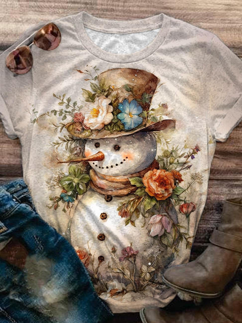 Retro Floral Snowman Crew Neck T-Shirt