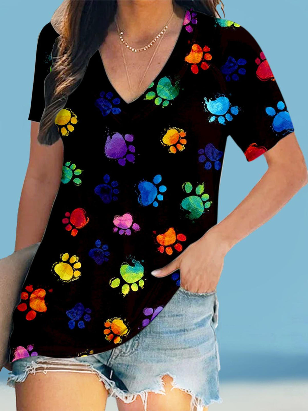Colorful Dog Paw Print V-Neck Short-Sleeved T-Shirt