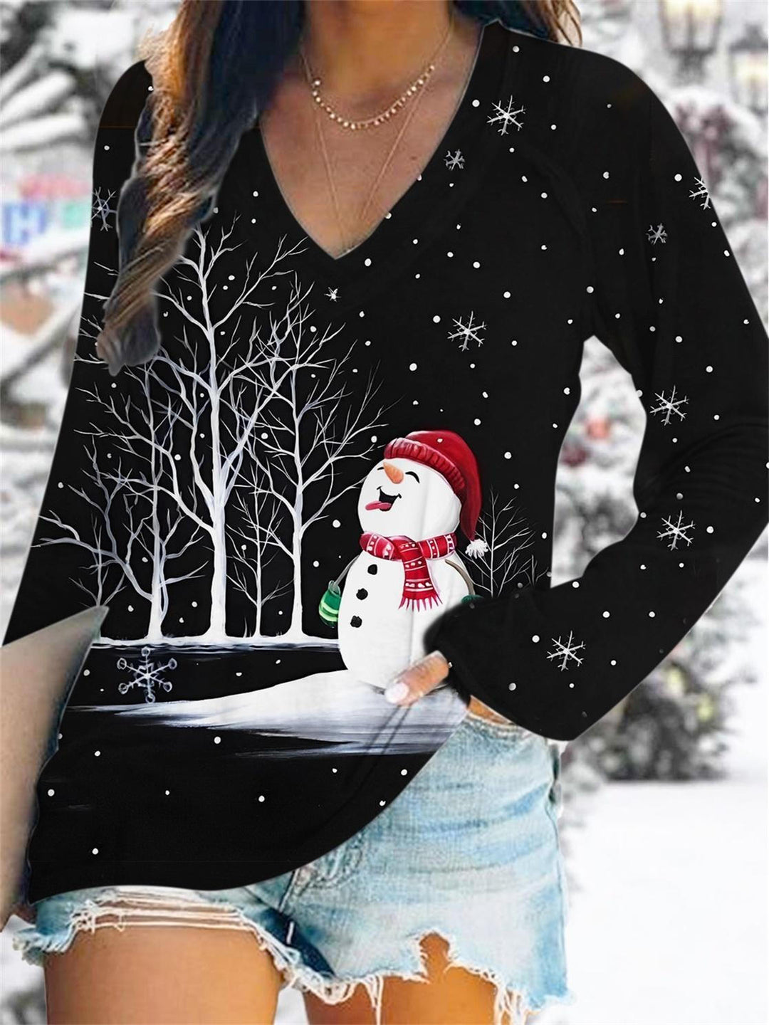 Winter Snowman Print V-Neck Long Sleeve T-Shirt