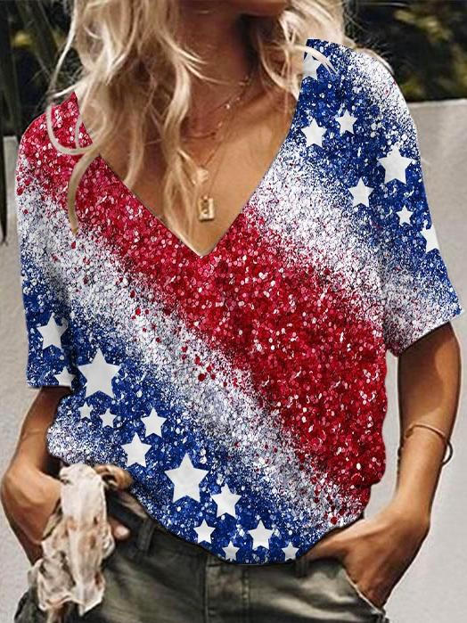 Star Glitter Flag Print V-Neck Top