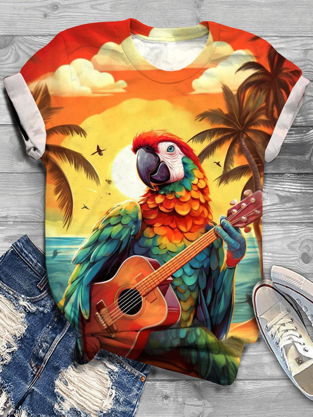 Parrot Summer Beach Print Crew Neck T-shirt