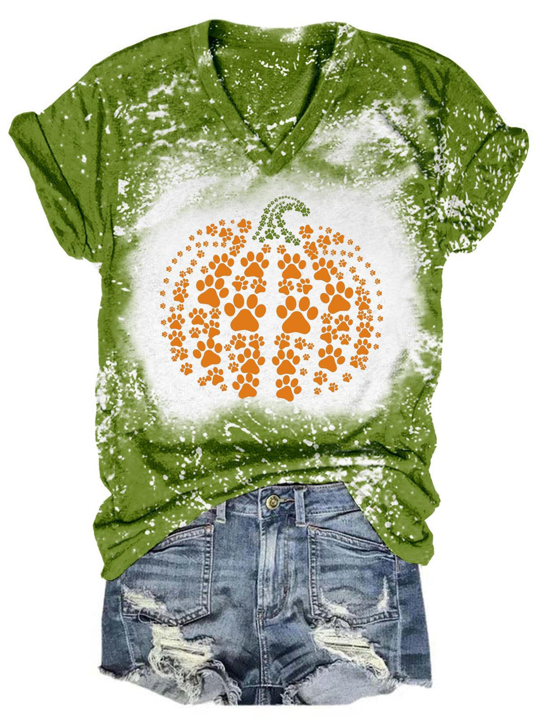 Paw Pumpkin Print V-Neck Tie Dye T-Shirt