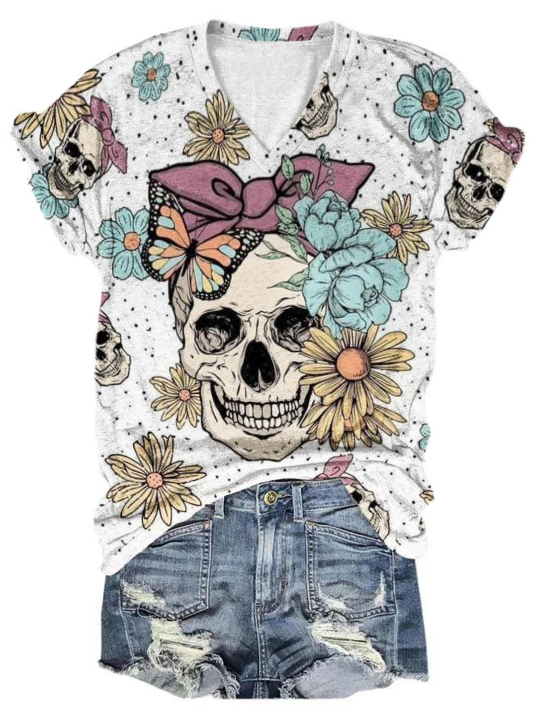 Skull Flower V Neck T-Shirt