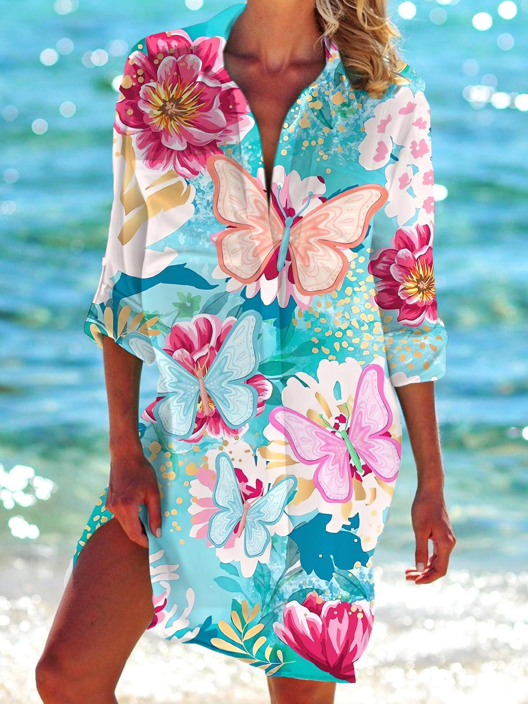 Floral Butterfly Print Long Sleeve Beach Shirt Dress
