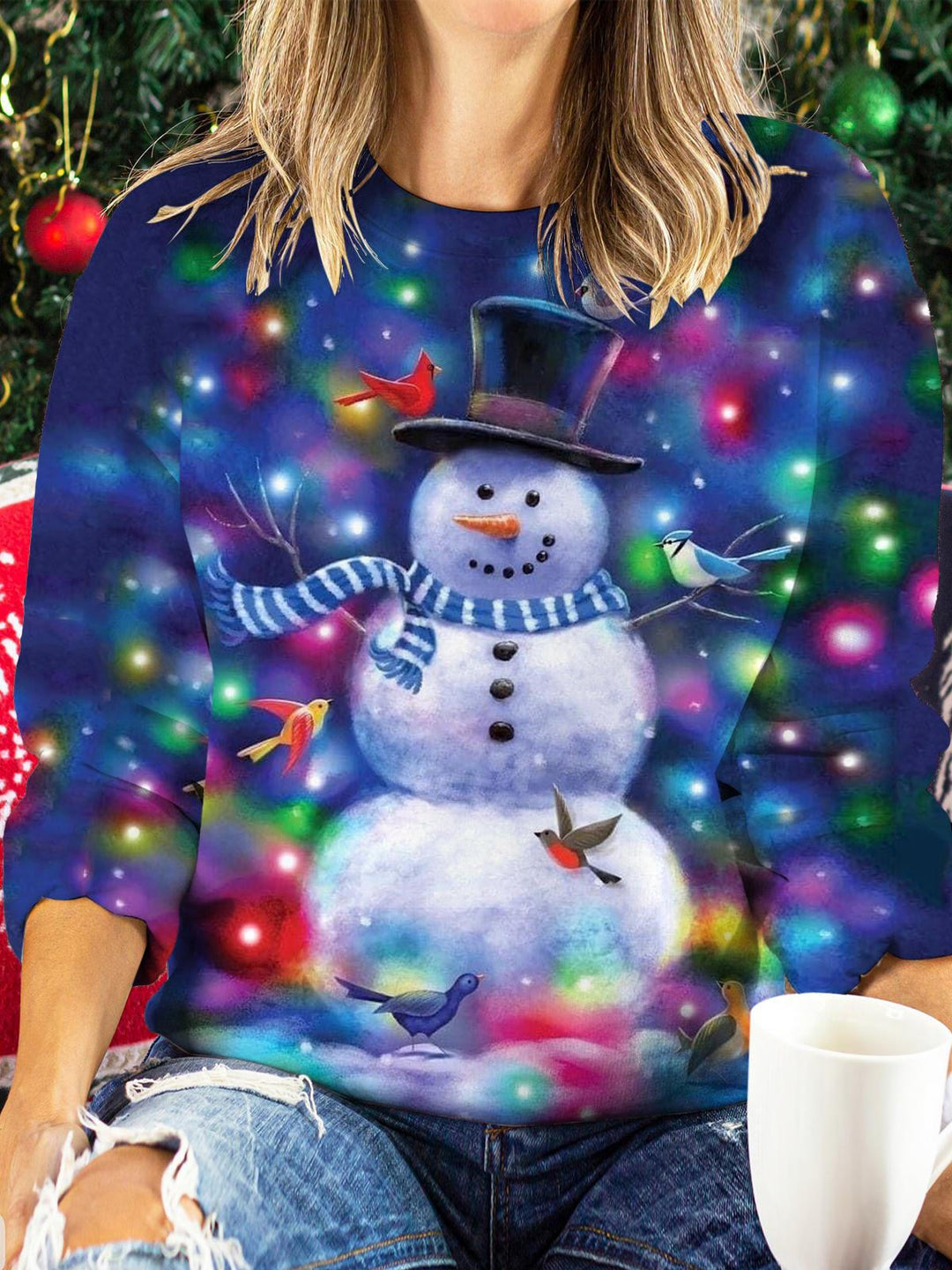 Women's Snowman Print Round Neck Long Sleeve Top