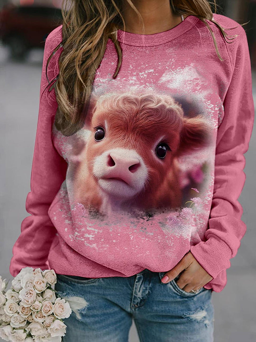 Floral Baby Highland Cow Tie Dye Long Sleeve Top