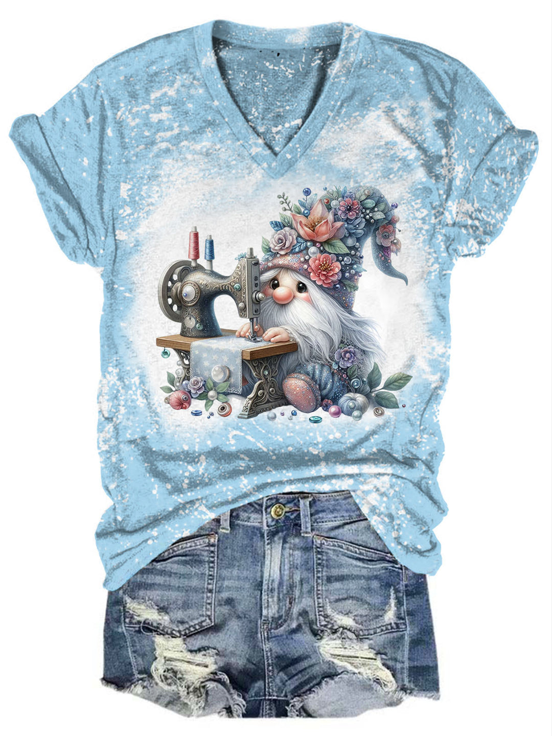 Sewing Gnome Print Short Sleeve V-Neck T-Shirt