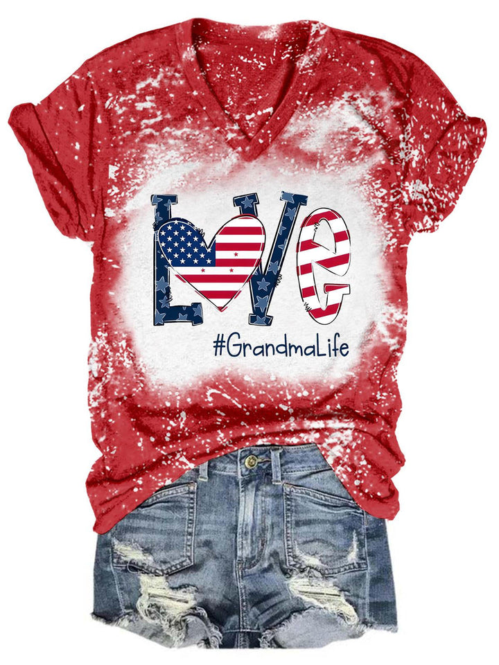 LOVE #Grandma Life Flag Print Tie Dye V Neck T-Shirt