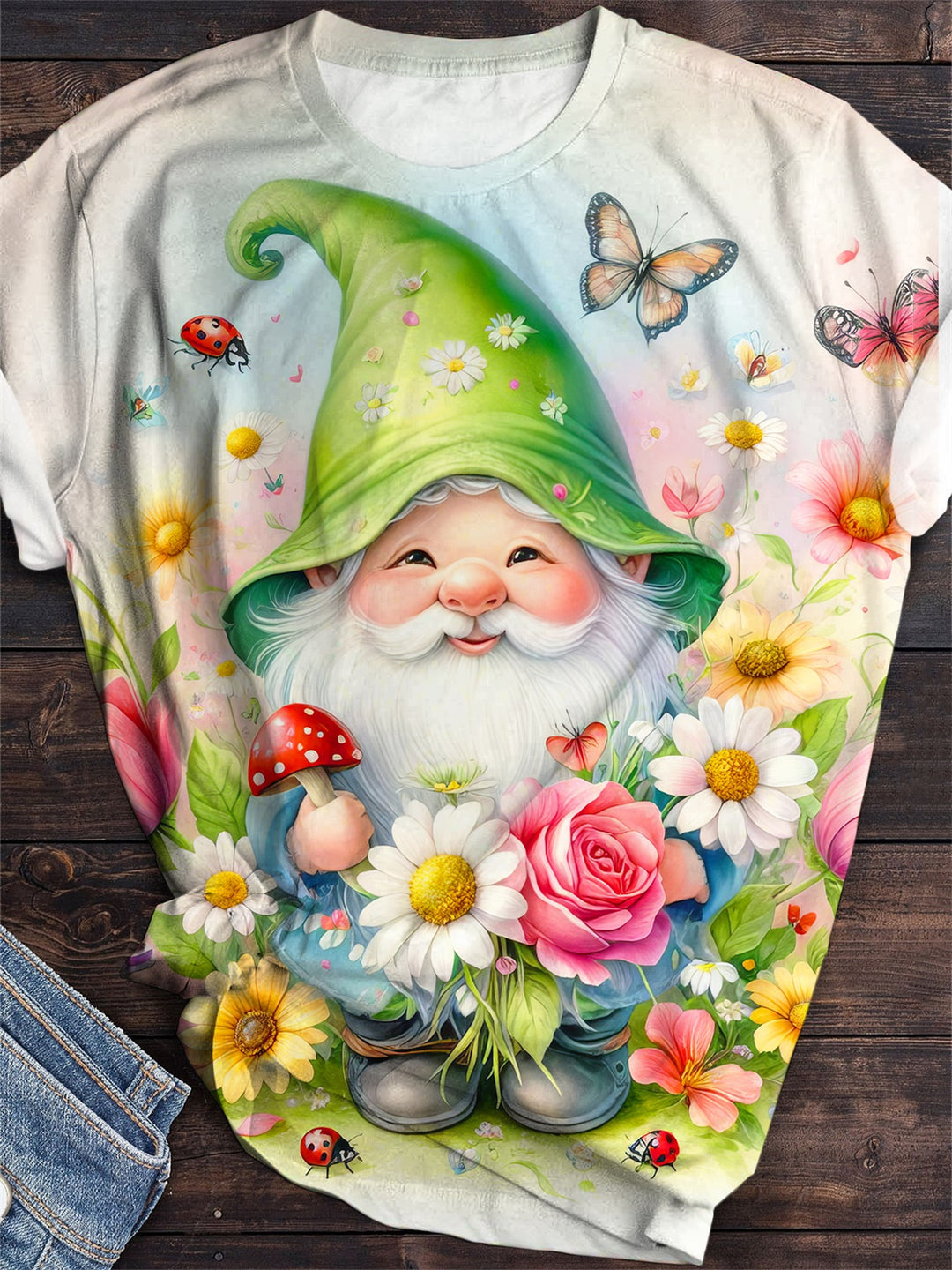 Spring Garden Gnome Print Crew Neck T-Shirt