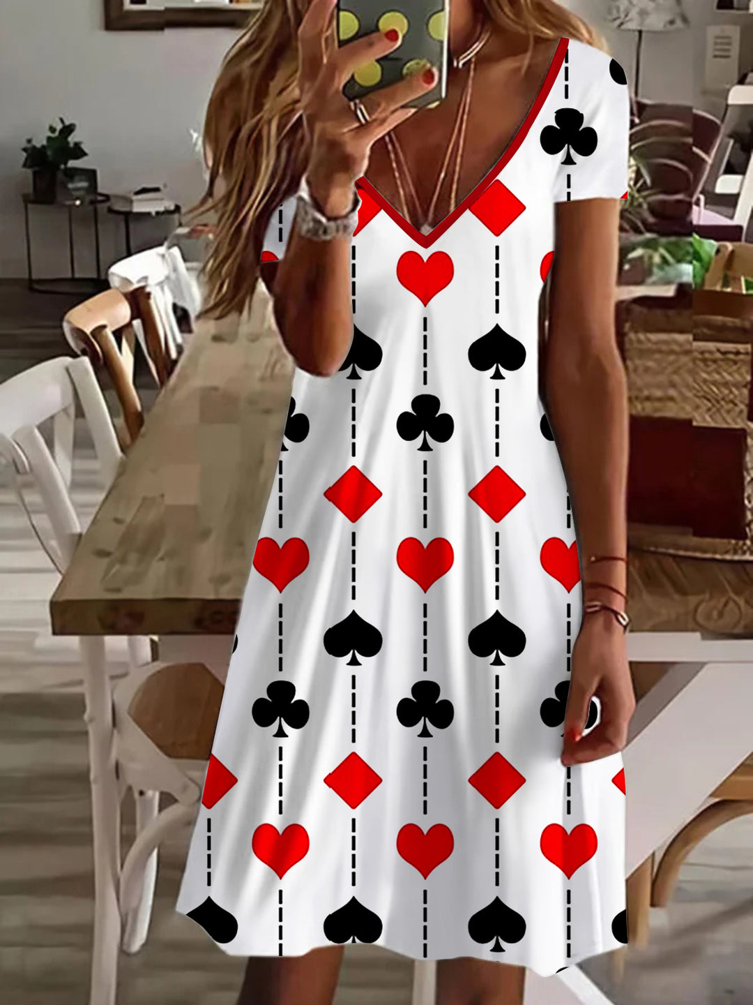 Poker Elements Geometry V Neck Short Sleeve Dress