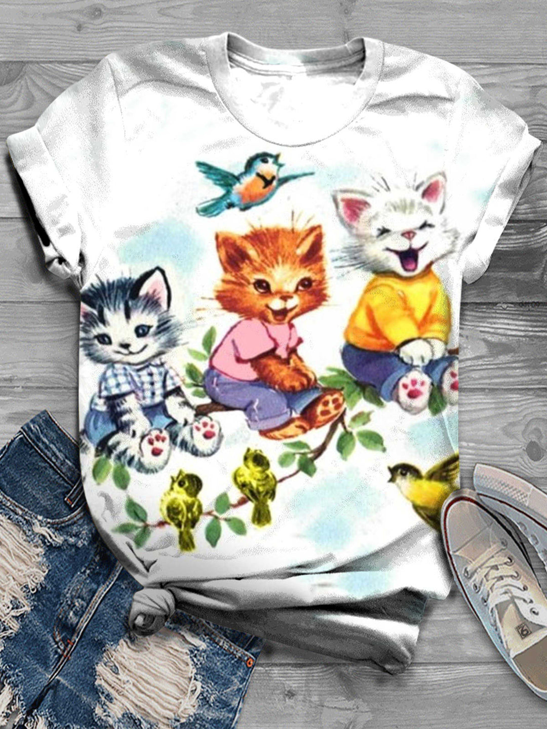 Vintage Cat Print Crew Neck T-Shirt