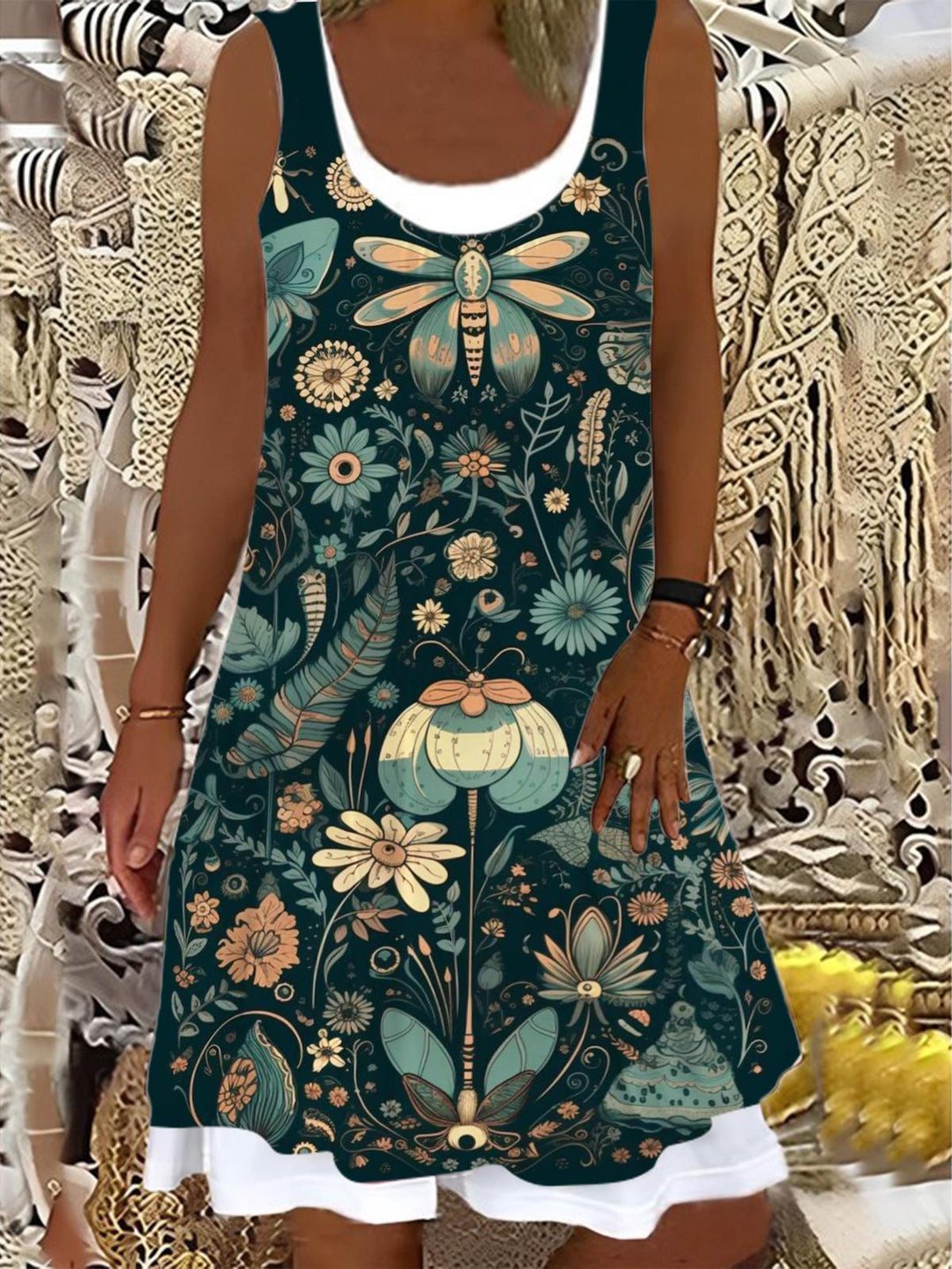 Ladies Flower And Insect Print False Two Dress