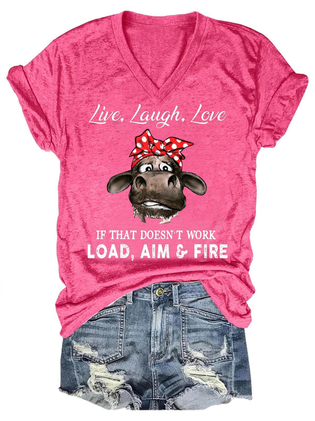 Live Laugh Love Cow Print V-Neck T-Shirt