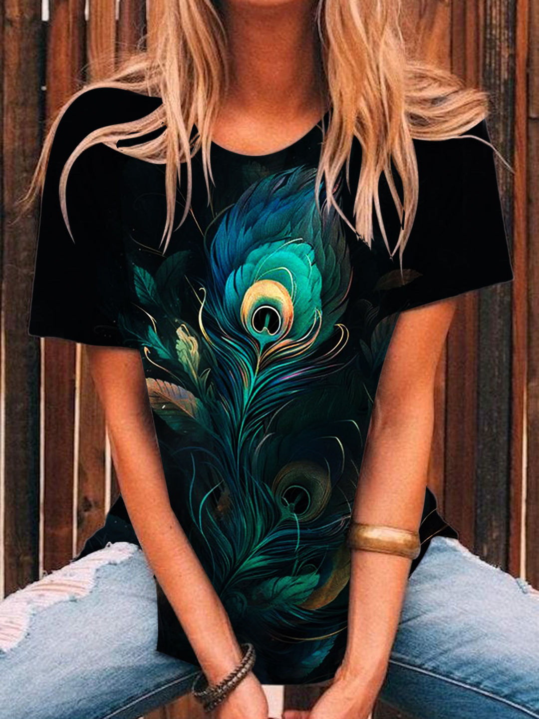 Peacock Feather Print Casual Top