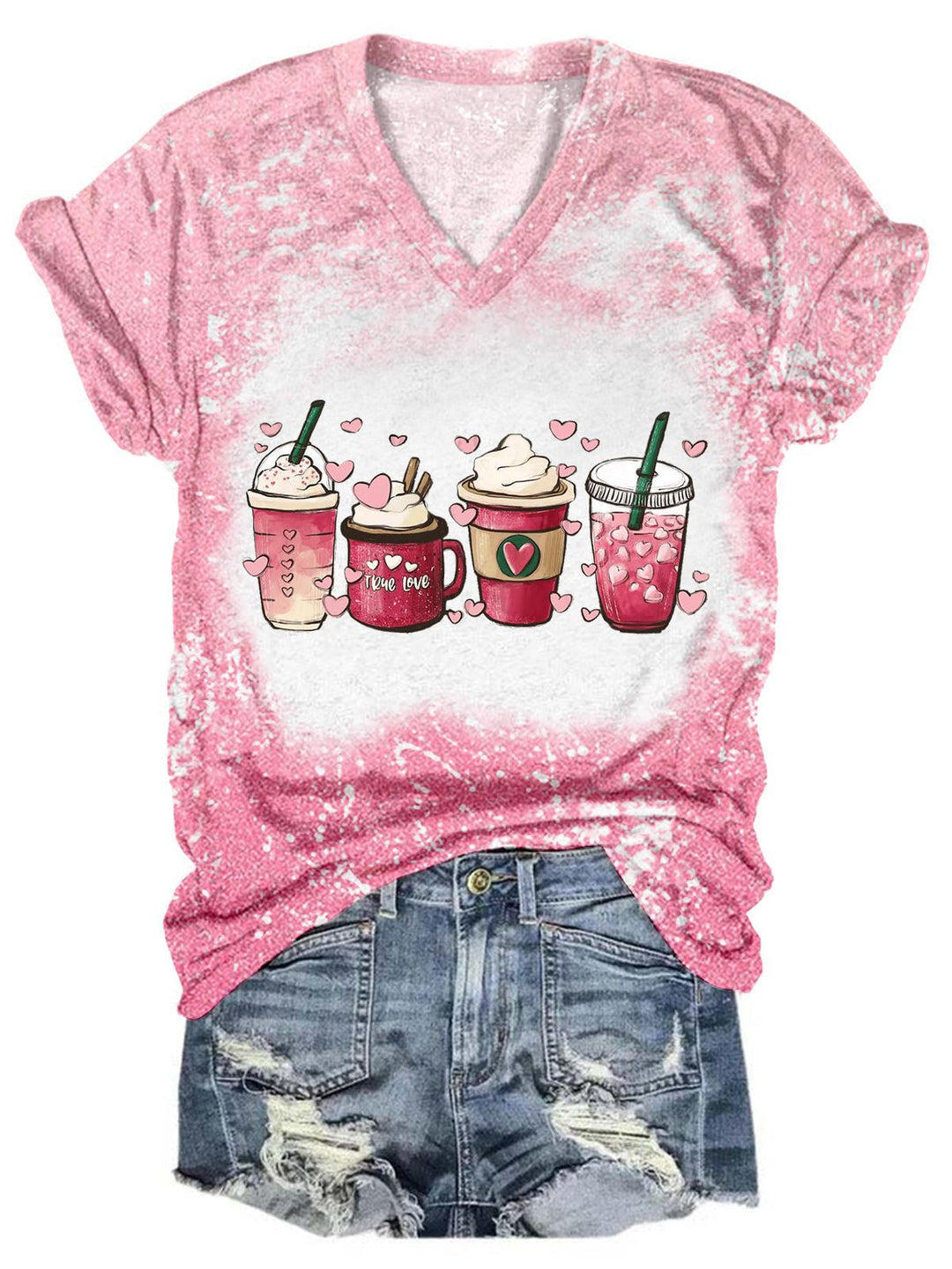 Valentine Coffee Drink V-Neck Tie Dye T-Shirt