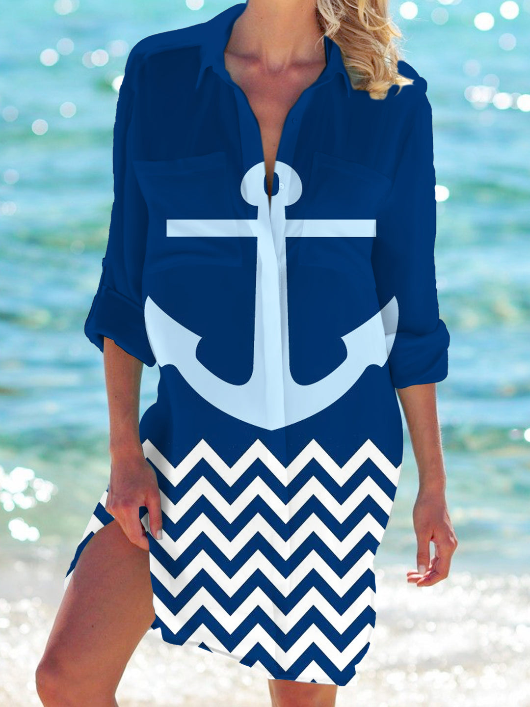 Women's Anchor Print Long Sleeve Beach Shirt Dress