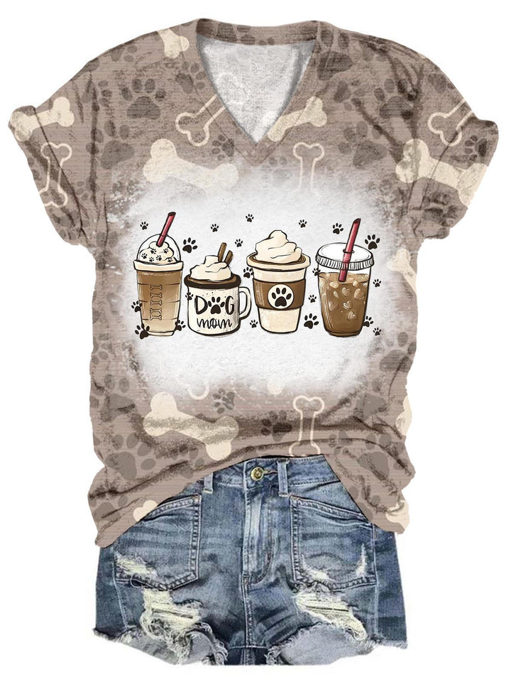 Dog Mom Coffee Drink Tie Dye V Neck T-Shirt